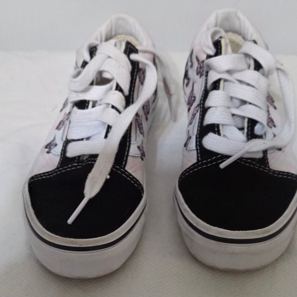 Vans Old Skool Checkerboard Skate Shoe - Little Kid-Black/White/Butterflies SZ 2